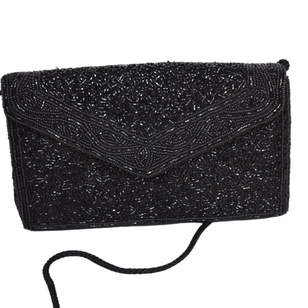 Carole M Studio Clutch Vintage Shoulder Long Strap Black Beaded Cocktail